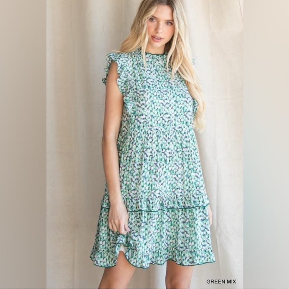 Jodifl Green/Purple/White Mix Ruffle Sleeve Dress